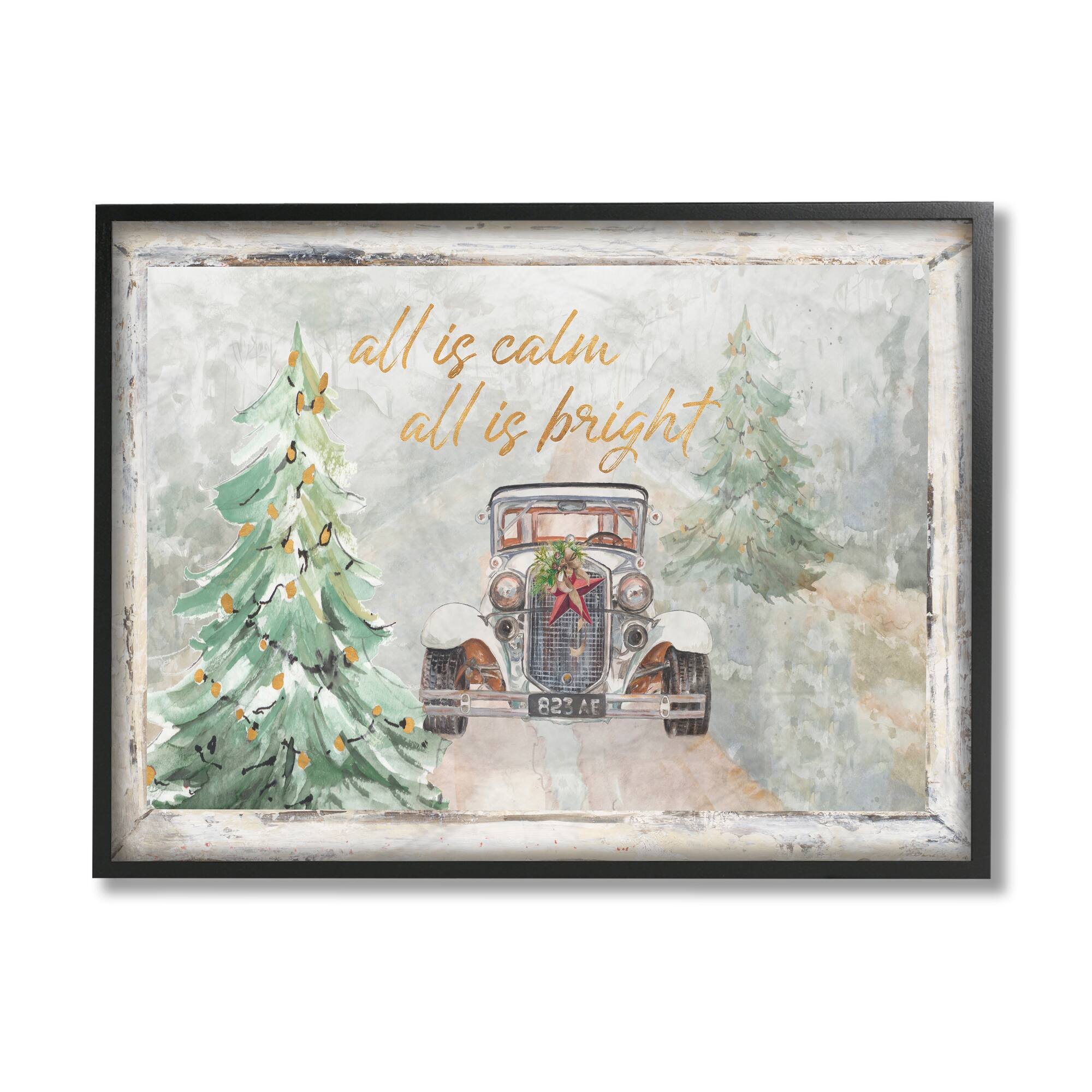 Stupell Industries All Is Calm Phrase Vintage Christmas Country Road Framed Wall Art